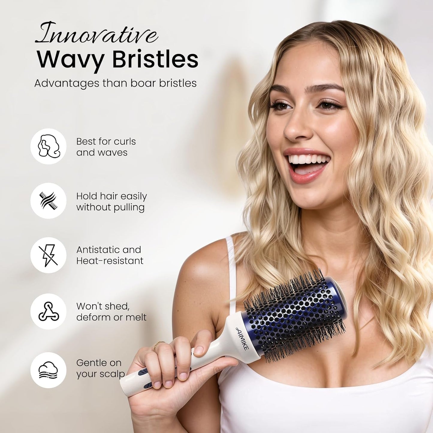 AIMIKE Nano Ionic Tech Large Round Brush, Ceramic Round Brush for Blow Drying, Styling and Boost Volume, Natural Wood Round Hair Brush, One Piece Design - 2 Inch/52mm