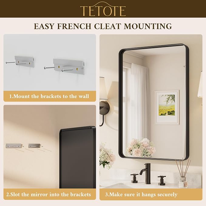TETOTE 16 x 24 Inch Black Frame Mirror, Bathroom Vanity Mirror - Image 7