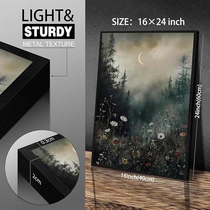 Dark Flower Field Poster Vintage Moody Academia Wall Art 16X24 inch Black - Image 2