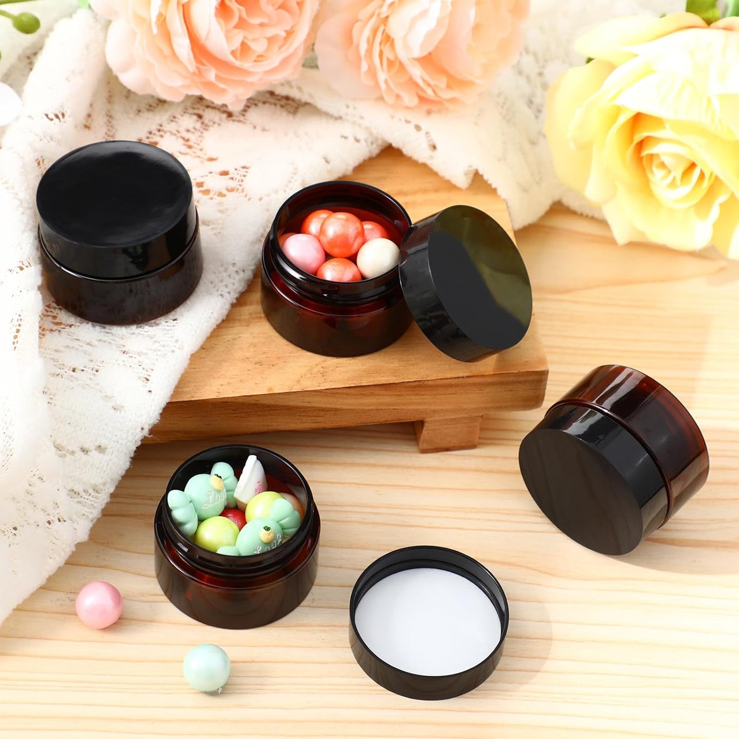 Patelai 4 Pieces Round Wide-mouth Leak Proof Plastic Container Jars with Lids for Travel Storage Makeup Beauty Products Face Creams Oils Salves Ointments DIY Making(1 Ounce,Amber)