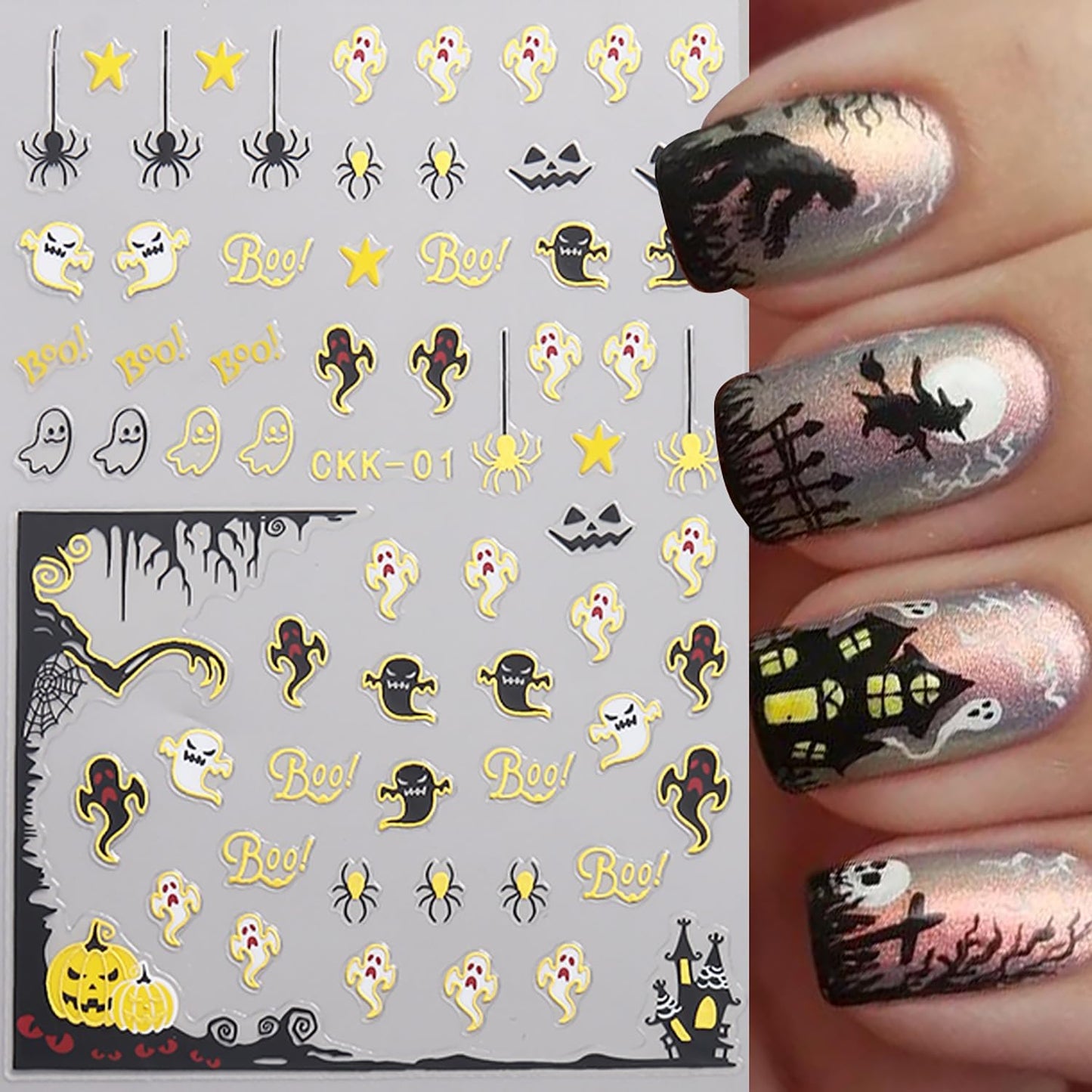 Metal Halloween Nail Art Stickers Gold Spider Web Black Bat Witch Cobweb Ghost Nail Design Supplies Charms Self-Adhesive Spooky Holiday Nail Decorations Nail Art for Women DIY Manicure Accessories