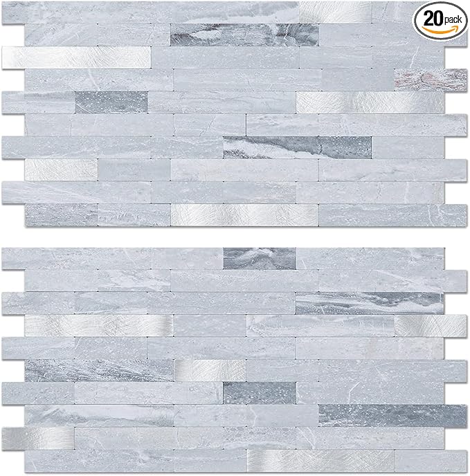 AULIGET 20 Sheets Faux Stone Peel and Stick Backsplash, Light Grey Marble Look by AULIGET