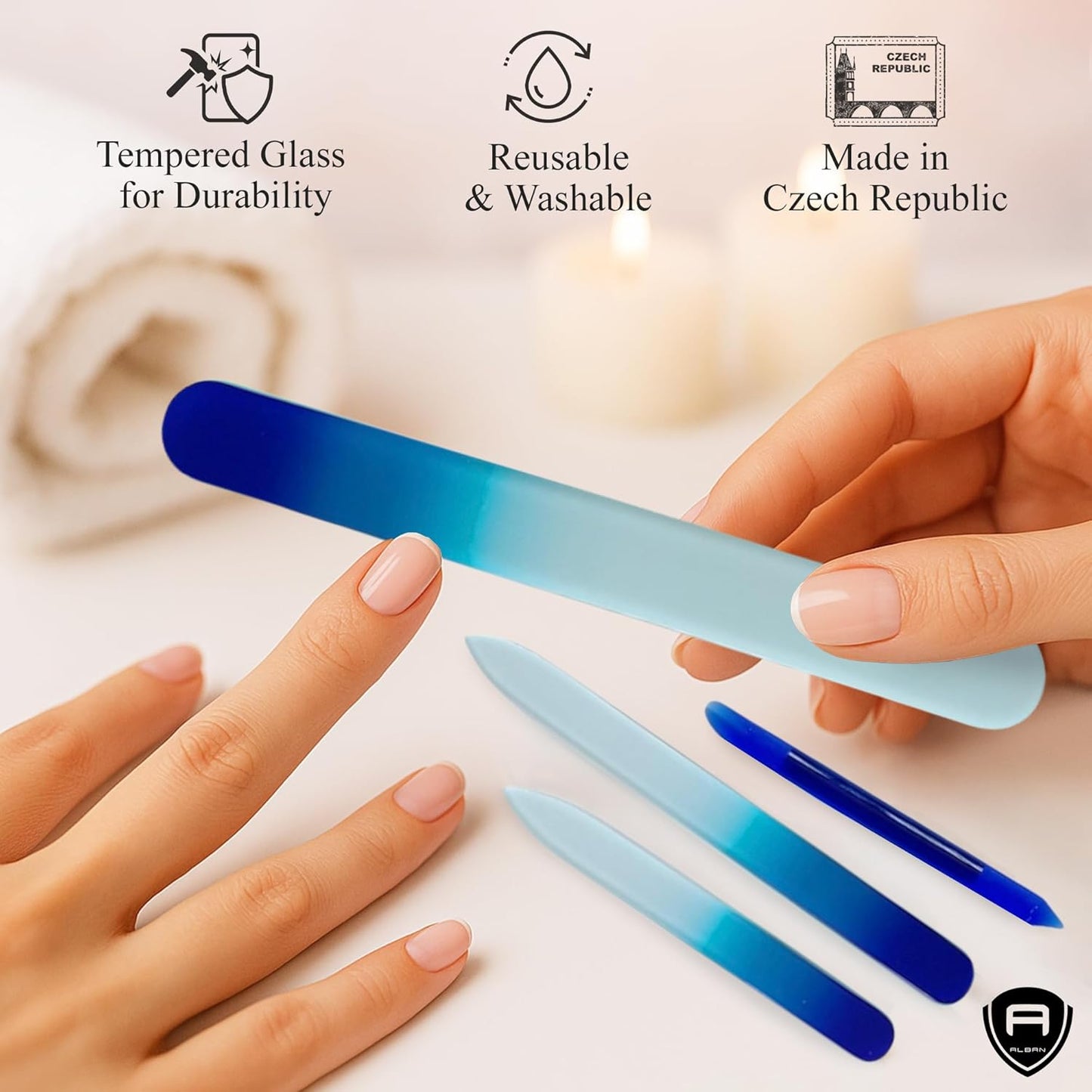 Alban Czech Glass Nail File Set with Manicure Stick & Vegan Leather Cosmetic Case (Royal Blue Nail Files, Royal Manicure Stick & Light Blue Cosmetic Case)