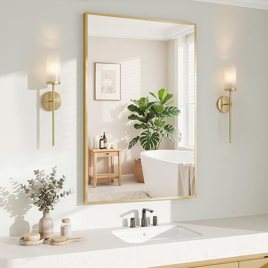 Koonmi Gold Rectangle Wall Mirror, 20x30 Inch Bathroom Mirror, Aluminum Frame by KOONMI