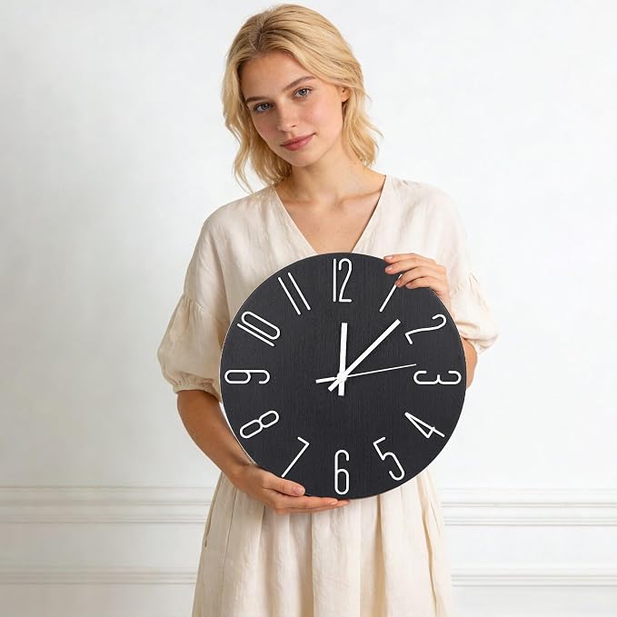 Wall Clock 12 Inch Silent Non-Ticking Imitation Wood Indoor Clock Round Beige - Image 3
