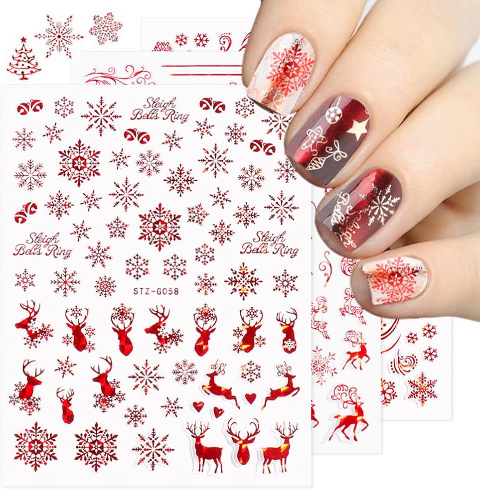 9 Sheets Christmas Nail Art Stickers Decals Self-Adhesive Pegatinas Uñas Navidad Holiday Red Xmas Snowflake Winter Nail Supplies Nail Art Design Decoration Accessories