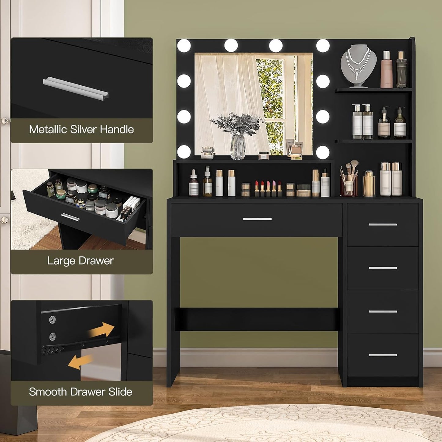 Quimoo Makeup Vanity Desk with Mirror & Lights, Vanity Desk with 5 Drawers & Storage Shelves, Vanity Table, 3 Color Modes & Adjustable Brightness Dressing Table, Bedroom, Black