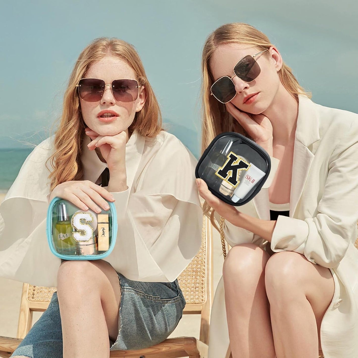 YOOLIFE Initial Make Up Bag Travel Toiletry Bag, Clear Makeup Bag Preppy Cosmetic Bags Organizer Travel Essentials Gifts for Women Teen Girlfriend Teacher Mom Birthday Mothers Day Gifts Blue Mini T