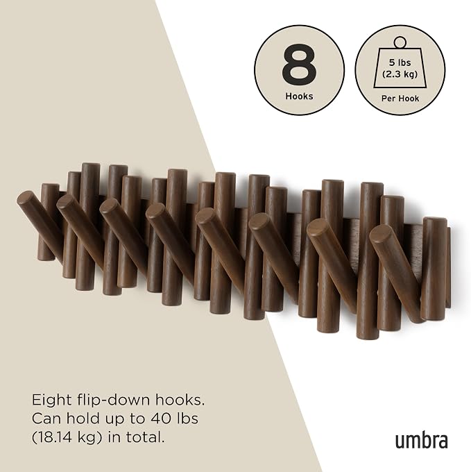 Umbra Picket Coat Rack with 8 Hooks – Walnut Wall-Mounted Coat Rack with - Image 5
