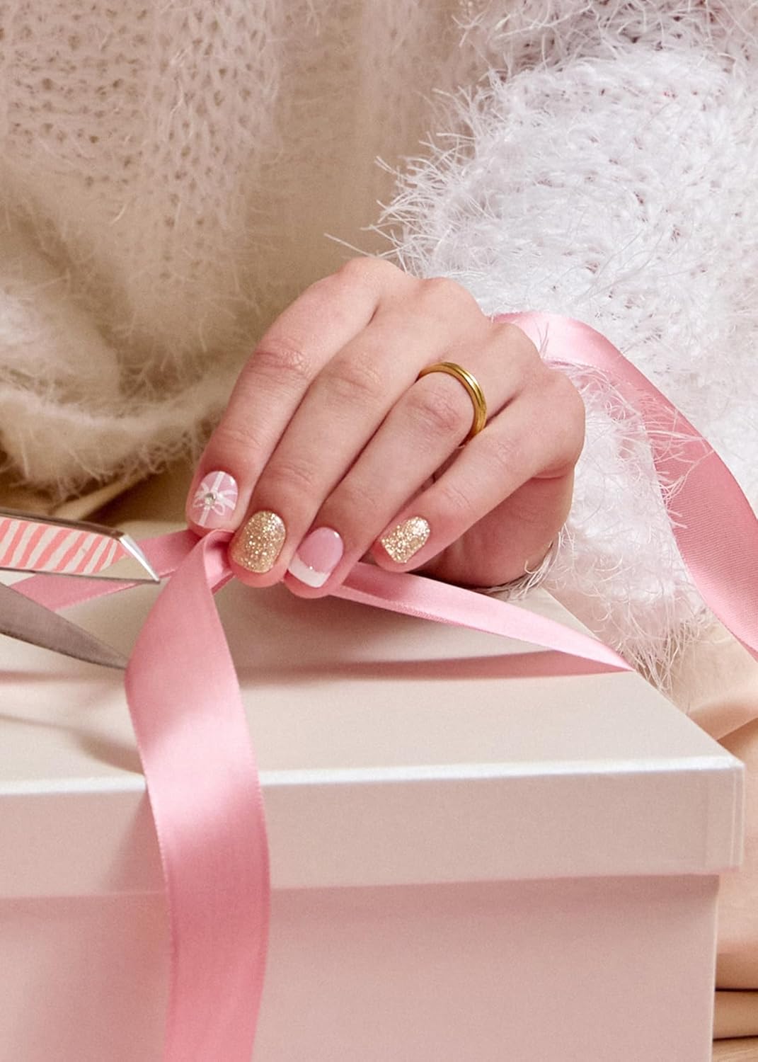 ohora Semi Cured Gel Nail Strips (N Christmas Surprise) - White/Nude, Works with Any UV/LED Lamps, Salon-Quality, Long Lasting, Easy to Apply & Remove - Includes 2 Prep Pads, Nail File & Wooden Stick