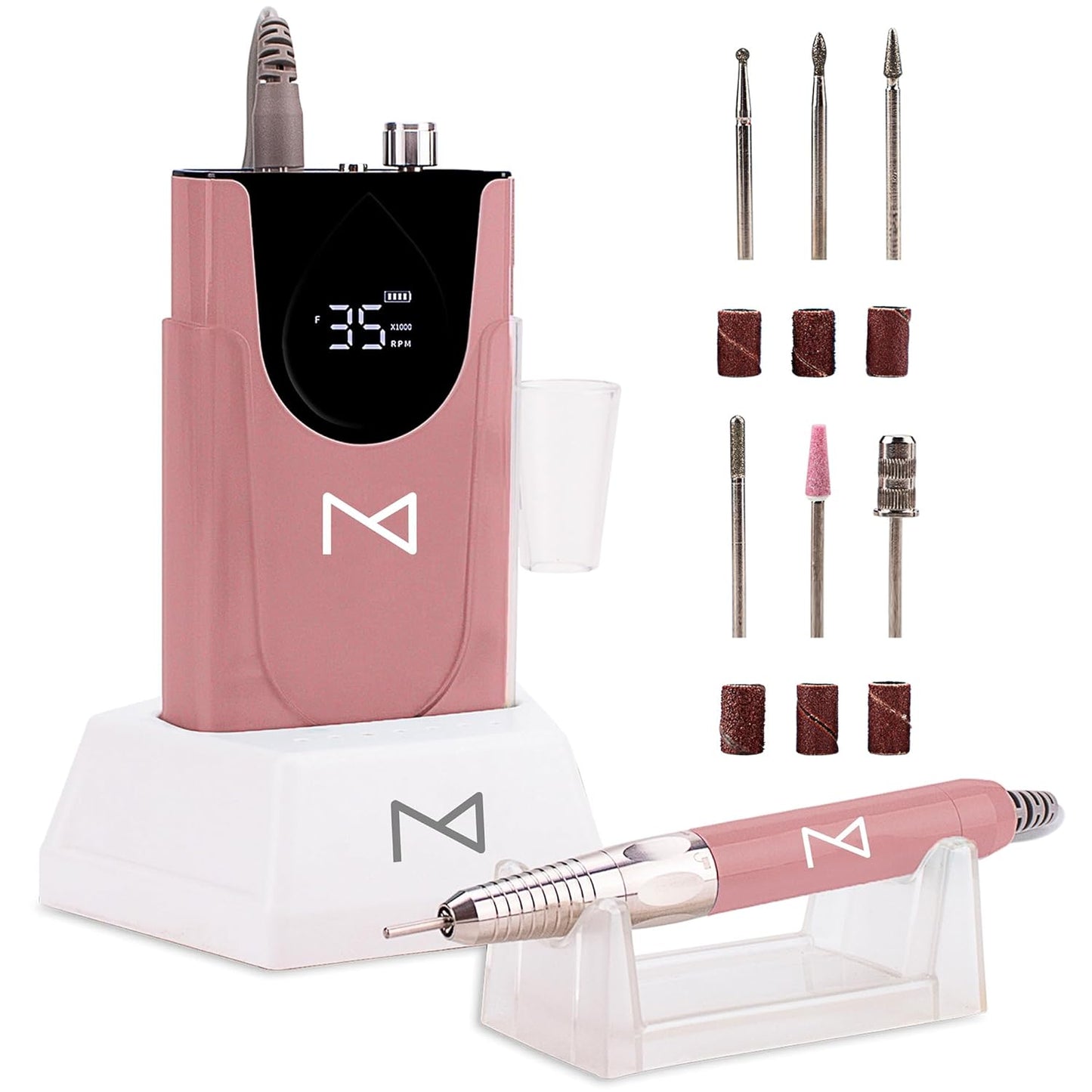 M Max - Nail Drill Professional - 2-in-1 Brushless Motor Nails Drill Machine - Electric, Cordless, Aluminium Alloy Casing, 35000 RPM, HD Display - Perfect for Salon & Home Use (Rose Gold)