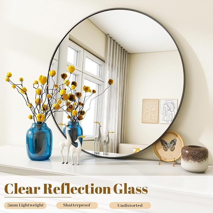 VooBang Large Black Round Bathroom Mirror, 48 inch Circle Wall Mounted Hanging - Image 4