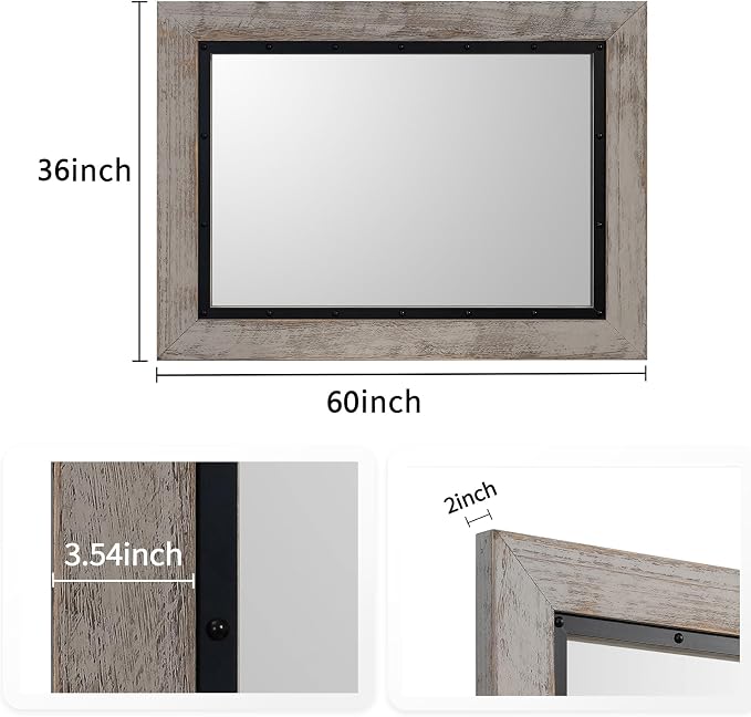 YOSHOOT Rustic Wooden Framed Wall Mirror, Natural Wood and Iron Bathroom Vanity - Image 3