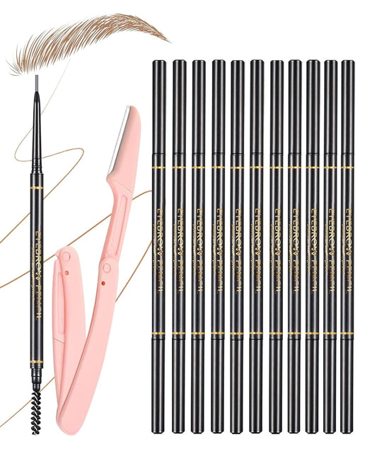 Light Brown Eyebrow Pencils for Women, 12Pcs Ultra Slim Eyebrow Pencil with 2 Brow Razors Kit, Double Head 1.5mm Micro-Fine Tip & Spiral Brush, Can Draw Fine and Long-Lasting Brows Makeup