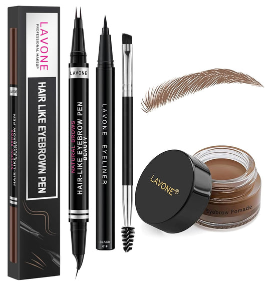 LAVONE Hair-Like Eyebrow Pen Makeup kit, Eyebrow Pencils for Women with Waterproof Microblading Eyebrow Pencil, Eyebrow Pomade, Eyeliner and Eyebrow Brush, Create Full, Natural Brows, Soft Brown