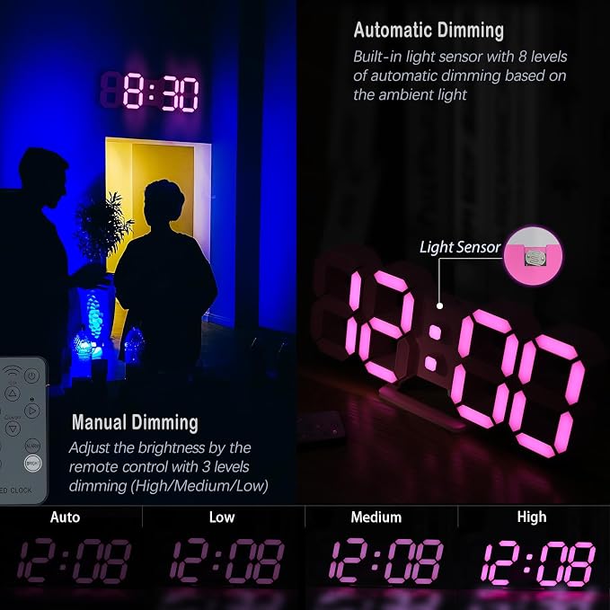 KOSUMOSU Pink LED Clock 3D Wall Clock 9.7" Table Clock - Image 3