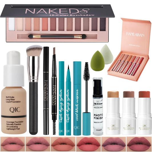 All In One Makeup Kit Full Kit, 3 Pcs Cream Contour Sticks,12 Colors Eyeshadow Palette,Full Coverage Foundation, 6 Colors Lipstick Set, Waterproof Eyeliner and Mascara(104# Buff Beige)
