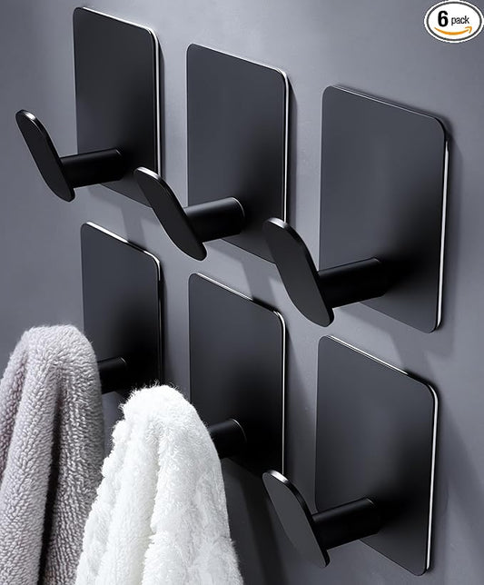DELITON Black Towel Hook 6 Pack, Stainless Steel Stick on Wall Hooks by DELITON