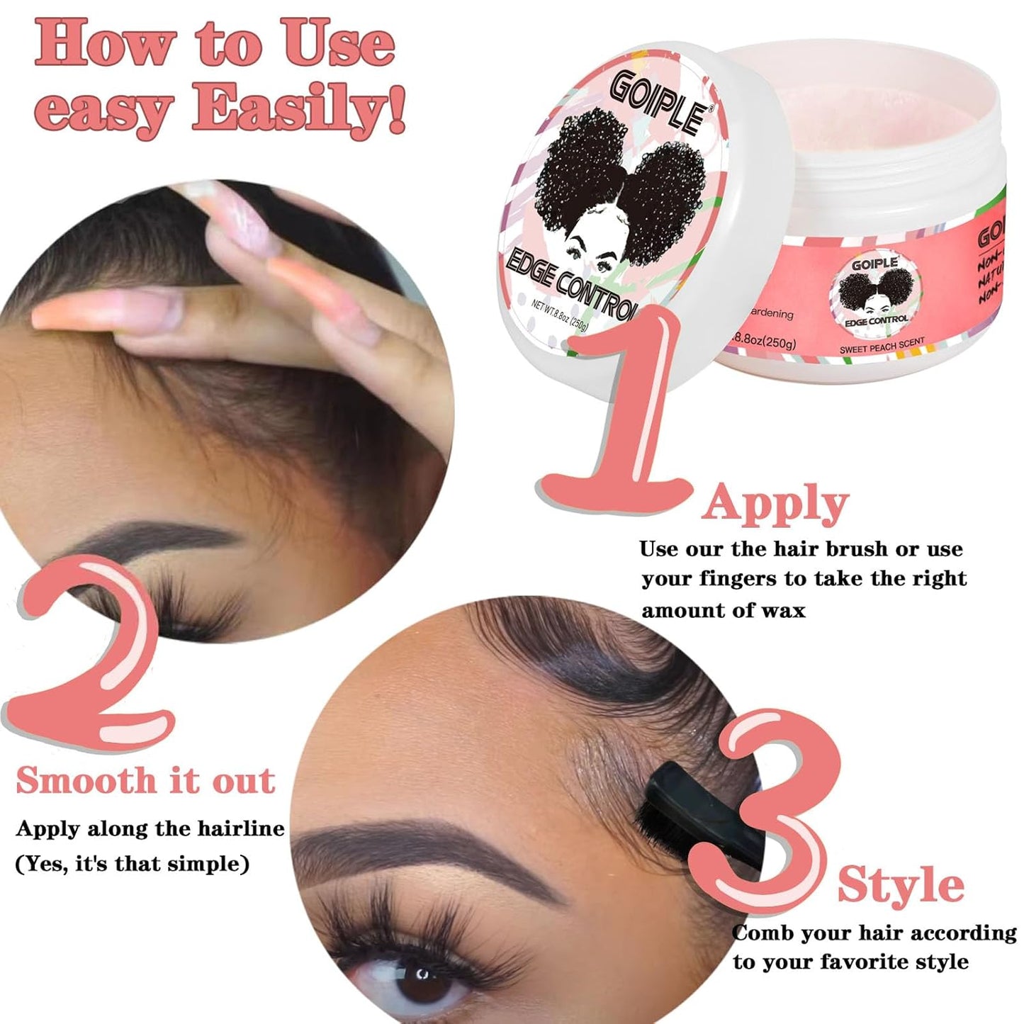 8.8oz Edge Control Wax for Women Strong Hold Non-greasy Edge Control Smoother Edge Wax Styling Gel Edge Control for Black Hair No Flaking, White Residue, Shine and Smooth (Sweet Peach)