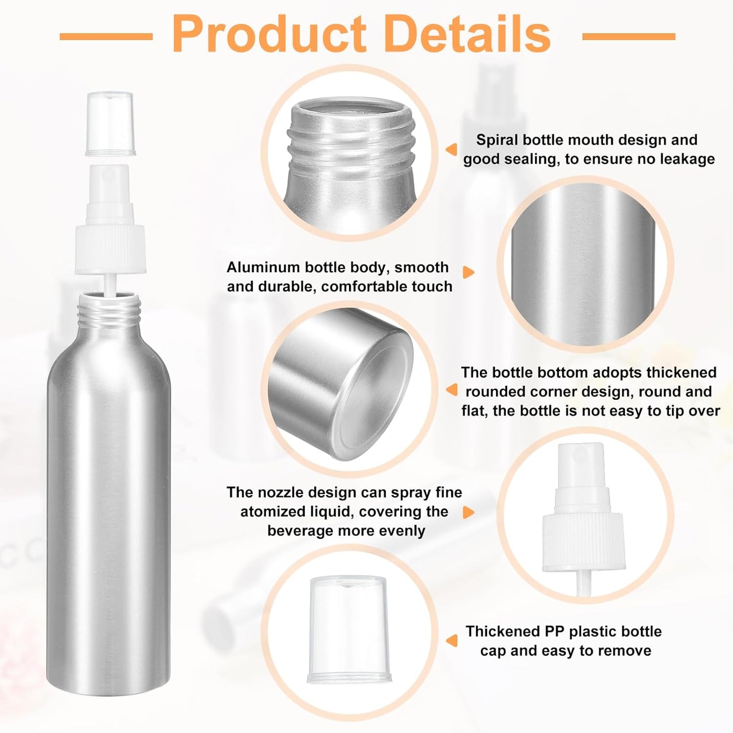 HARFINGTON 5pcs Aluminum Fine Mist Spray Bottles 200ml/6.7oz Metal Small Liquid Alcohol Refillable Travel Container with White Plastic Nozzle Cap for Perfume Skincare Cosmetic Storage Bottle