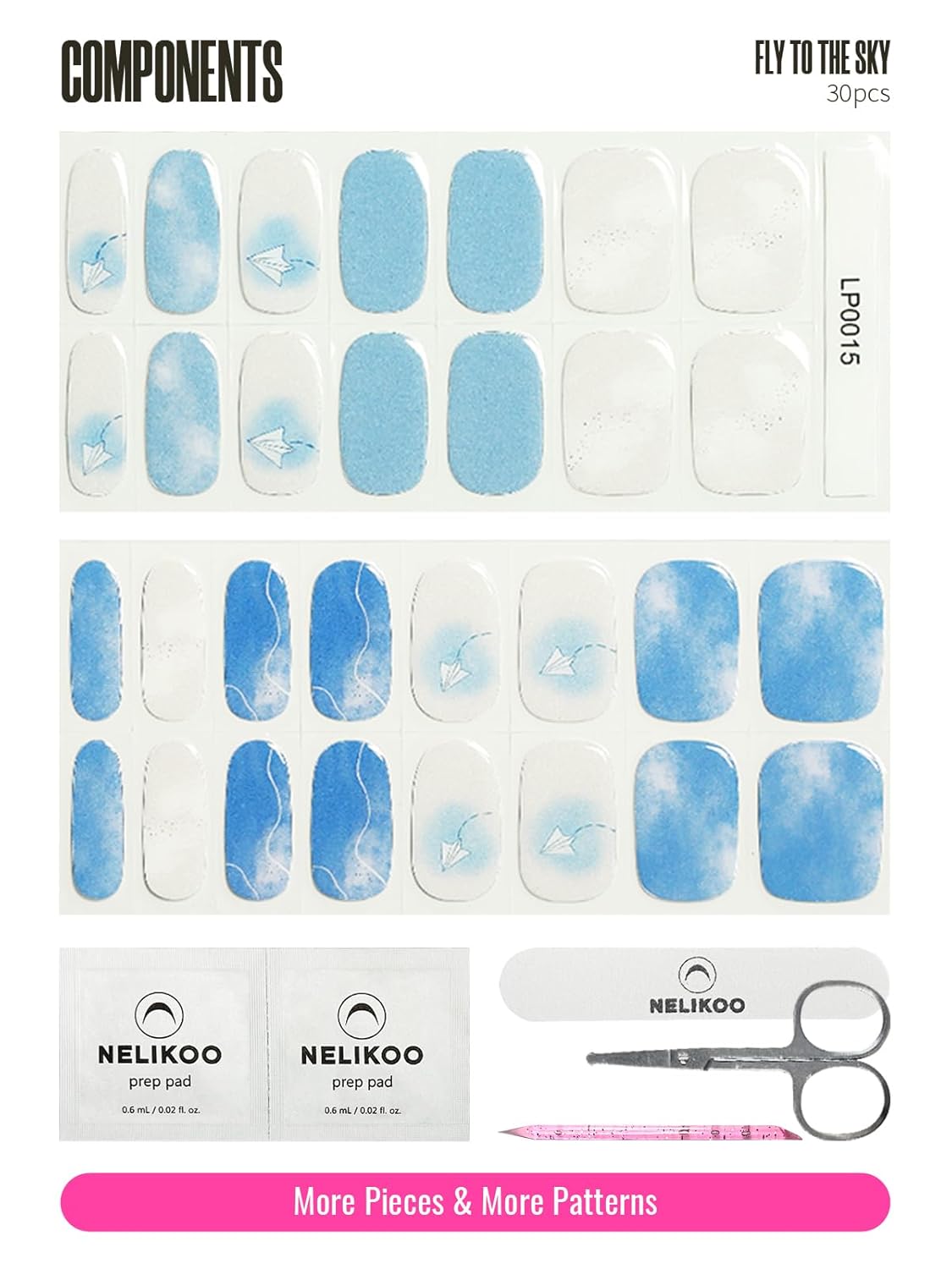 Semi Cured Gel Nail Strips, 30 pcs Gel Stikers, Wraps, Salon-Quality, Easy to Apply, 2 Weeks Long Lasting (Fly to The Sky)