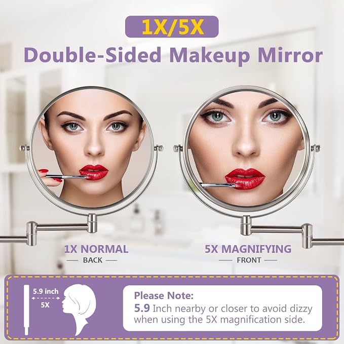 Wall Mounted Makeup Mirror, 1X/5X Magnifying Mirror Double Sided, 8 Inch - Image 2