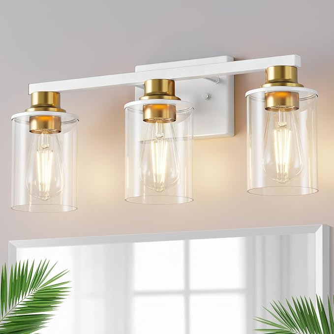 DORESshop 17 Inch Bathroom Light Fixtures, 3-Light White and Gold Bathroom by DORESshop