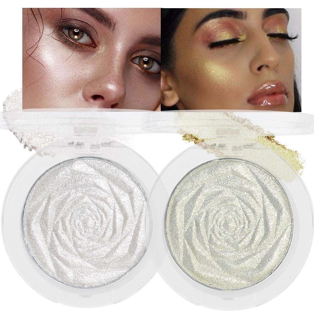 evpct Pearl White & Blonde Gold Face Highlighter Makeup Shimmer Glitter Diamond Sparkly Highlighters Makeup Palette Powder for Face Body Cheek iluminadores iluminador de jos maquillaje luminizers 1+2