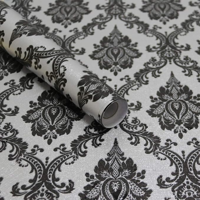 17.7" x 197" Peel and Stick Wallpaper Black Vintage Wallpaper Damask Contact by Micpolo