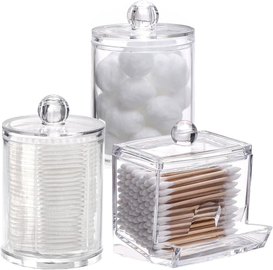 Tbestmax Bathroom Organizer Accessories Set-10 OZ,7 OZ Qtips Holder Storage with Clear Plastic Lids, Cotton Ball/Swabs Dispenser, Apothecary Container Jar 3 Pcs