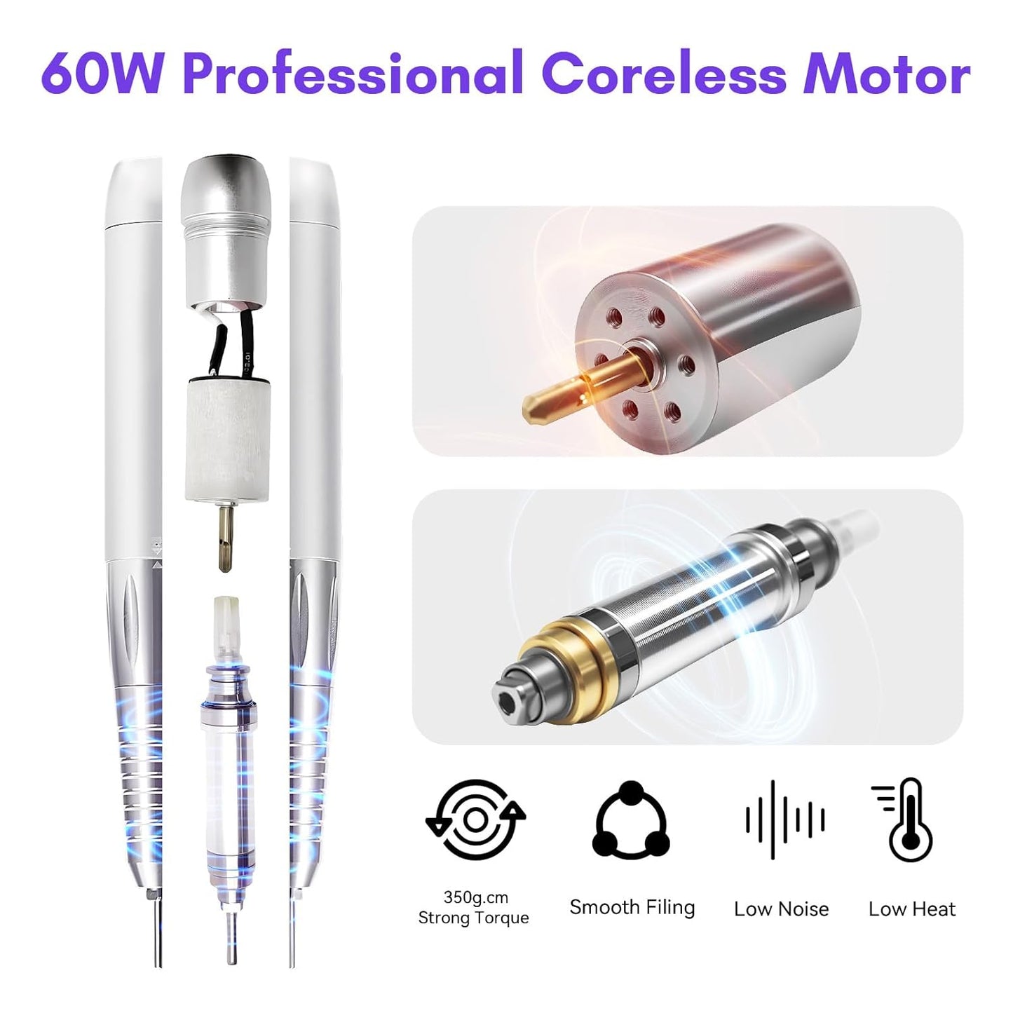 Makartt Professional Nail Drill - 35000RPM Electric Nail File with 60W Coreless Motor, 2 in 1 Desktop & Portable Rechargeable E File with Drill Bits and LCD Display, Nouvella Purple
