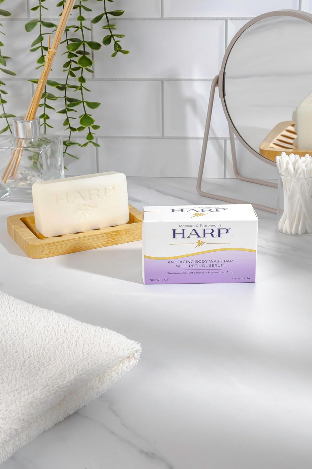 HARP Anti-Aging Body Wash Bar With Retinol + Niacinamide, Vitamin E, Hyaluronic Acid. 100% Syndet Base. Soap/Lye/Dyes and preservative-free. Non-comedogenic. FRAGRANCE FREE. 5oz