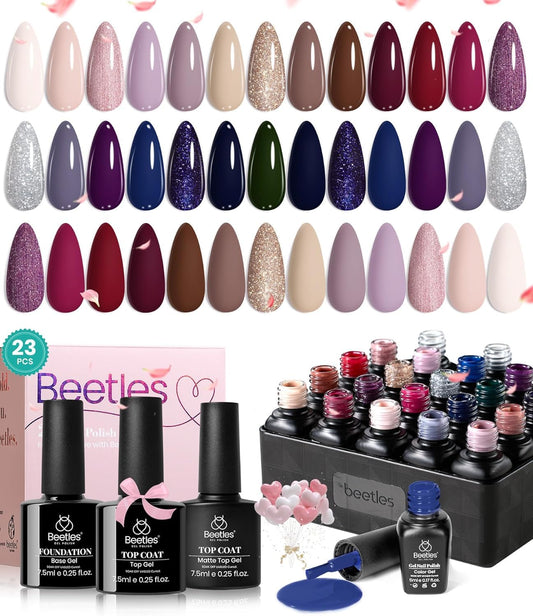 beetles Gel Nail Polish Set 20 Colors Fall Winter Neutral Shimmer Red Nude Brown Gel Polish Kit with Base Matte and Glossy Top Coat Soak off Uv Lamp Manicure Set Gift for Women Sophisticated Charm