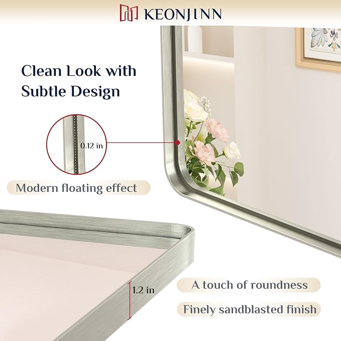 Keonjinn Brushed Nickel Wall Mirror, 36 x 36 Inch Large Square Silver Bathroom - Image 3