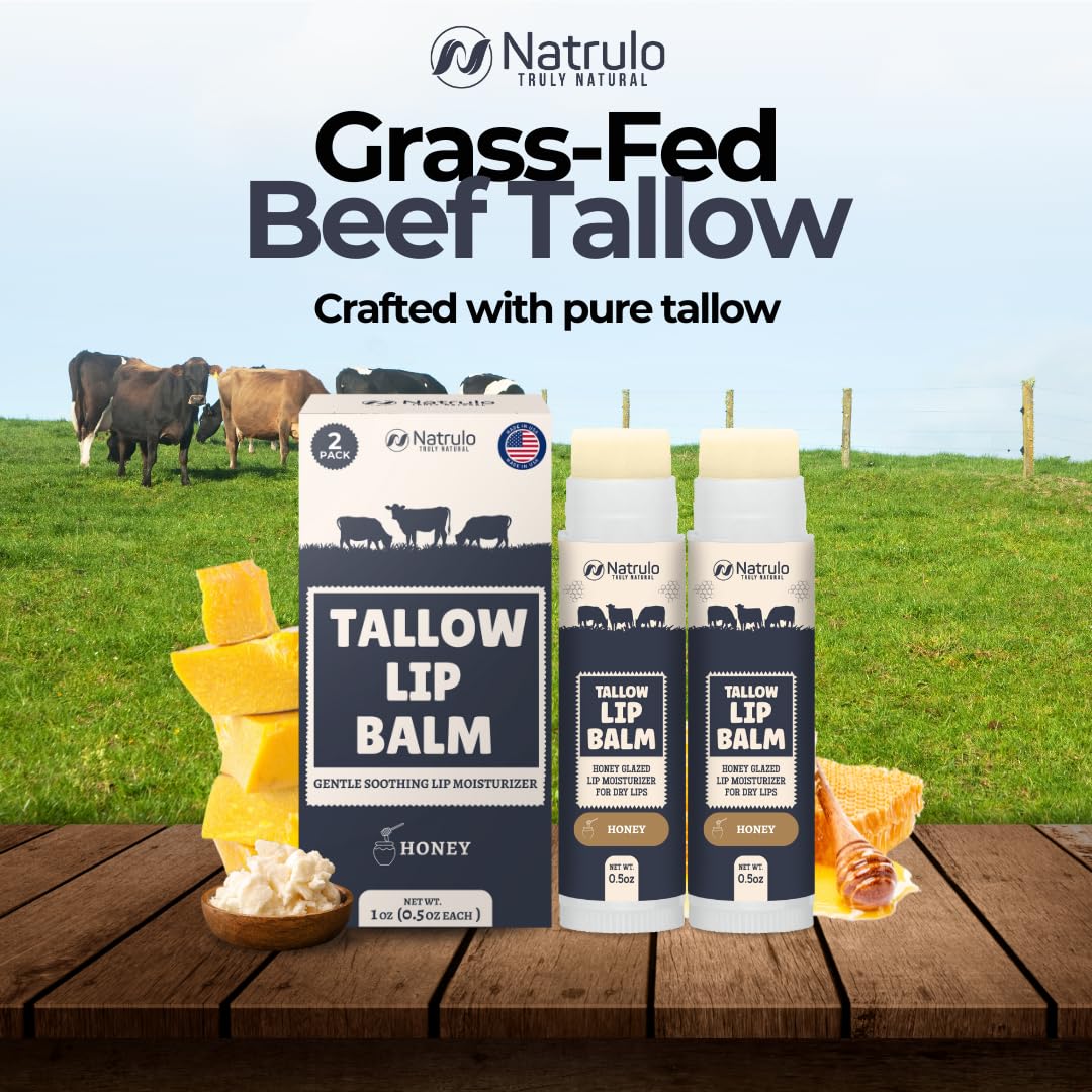 Beef Tallow Lip Balm – Natural Tallow Beeswax Chapstick – Hydrating Moisturizer Grass Fed Bison Tallow Balm Lip Care – Soothes Chapped Dry Lips, Sensitive Skin – Long Lasting Vitamin Rich USA-Made 2Pk