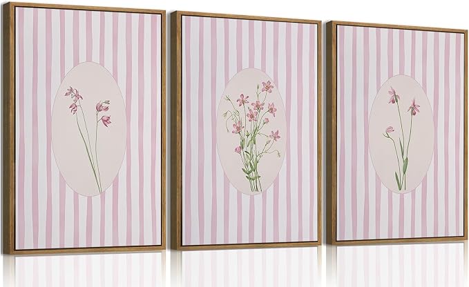 3 Piece Floral Framed Wall Art Pink Wildflower Canvas Wall Art Flower Pictures by KISSFOX
