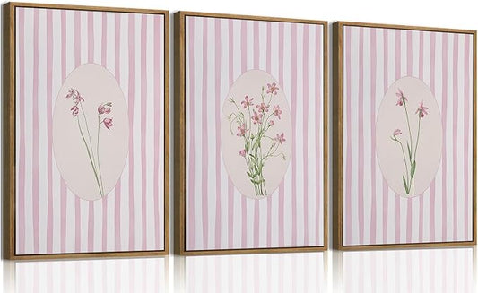 3 Piece Floral Framed Wall Art Pink Wildflower Canvas Wall Art Flower Pictures by KISSFOX