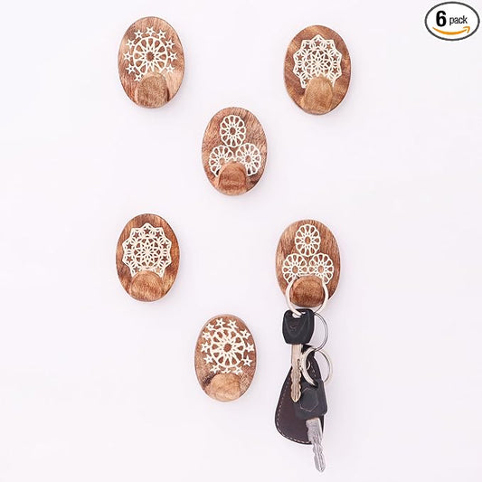 Indian Shelf 6 Lb- 6 Pieces Decorative Wood Adhesive Wall Hooks–Boho Peel and by IndianShelf