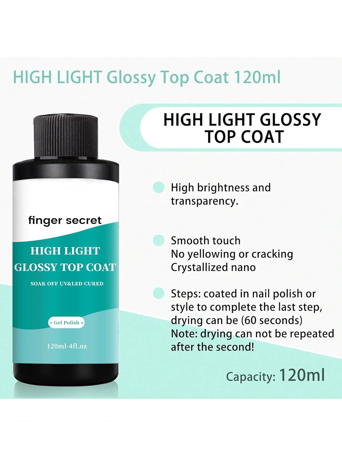 120ml/4fl.oz High Light Glossy Top Coat,Gel Top Coat, Gel Polish Nail Polish for Nail Art Manicure DIY