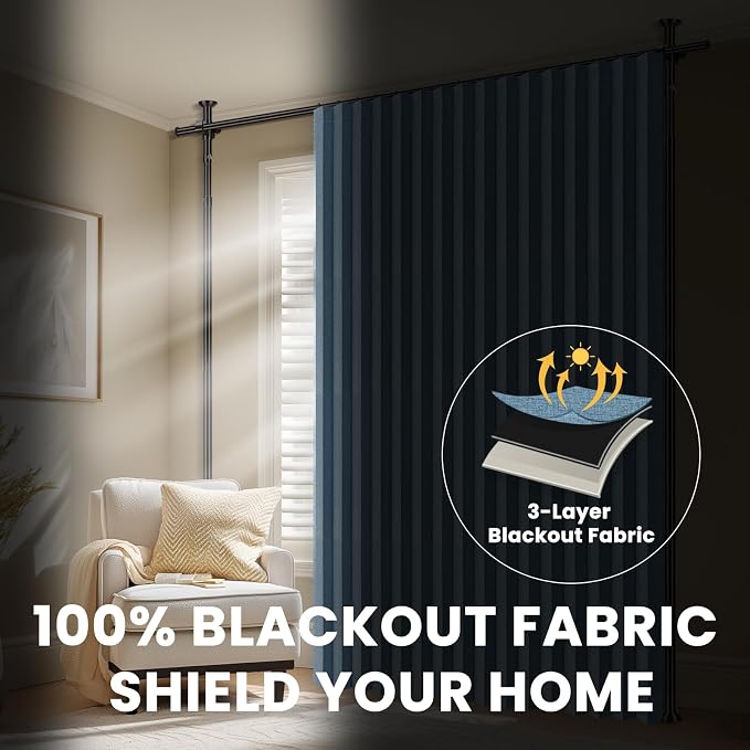 100% Blackout Room Divider Curtains Sets Blue 2 Panels W100 x L84in No Drill - Image 5