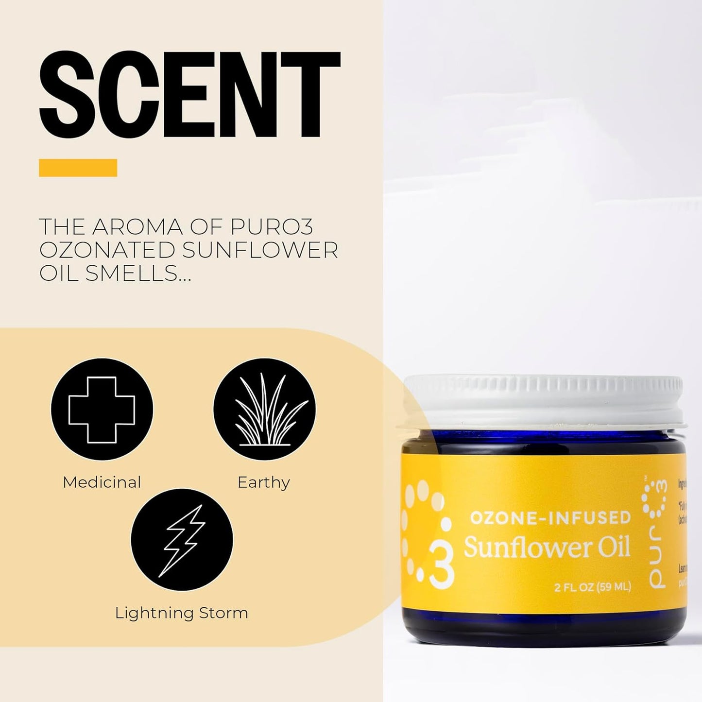 PurO3 Ozonated Sunflower Oil – Pure, Natural, Organic Skincare for Face & Body – Oxygenated Healing Lotion, Moisturizer & Beauty Cream in a Glass Jar – O3 Therapy Salve, 2 oz