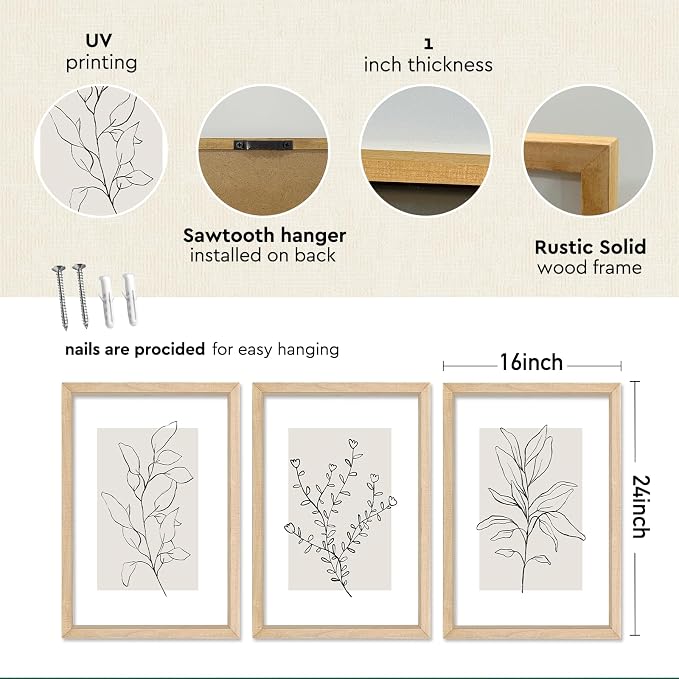 YWJKWLGS Neutral Botanical Prints Framed Wall Art Decor 16x24 Inch Set of 3 - Image 2