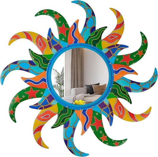 Colorful Sun Wall Mirror Decorative 25 inch Metal Frame Sunburst Boho Mirror by Unknown