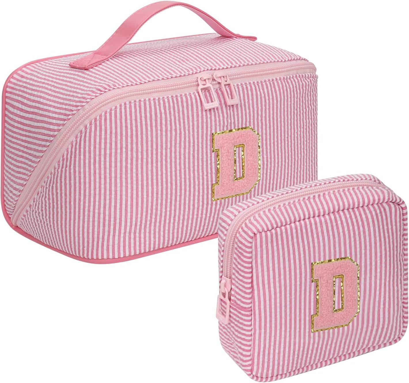 Travel Makeup Bag for Women, 2Pcs Portable Personalized Initial Makeup Organizer Bag, Open Flat Large Cosmetic Bag With Travel Essential Pouch (Pink Letter D)