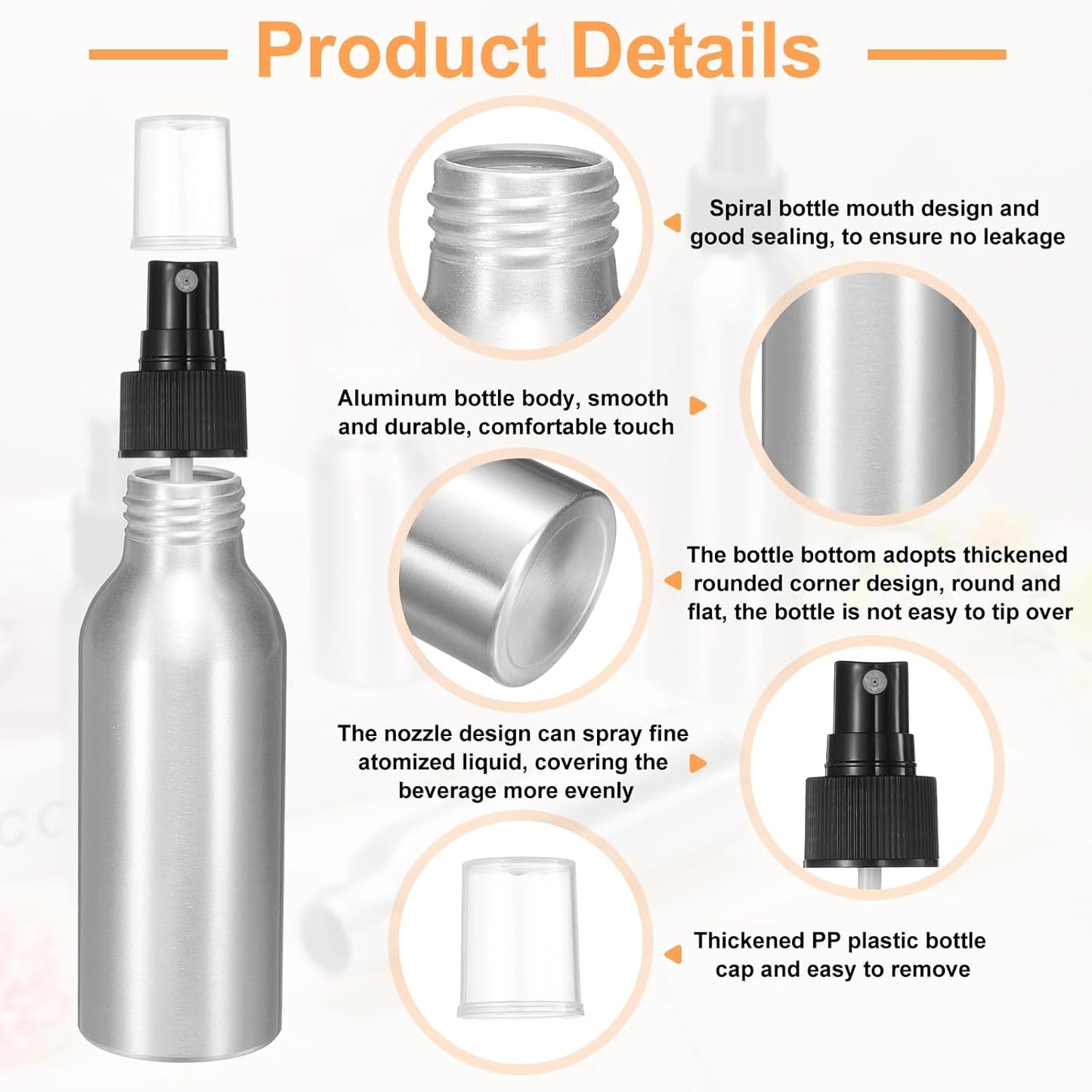 HARFINGTON 5pcs Aluminum Fine Mist Spray Bottles 100ml/3.4oz Metal Small Liquid Alcohol Refillable Travel Container with Black Plastic Nozzle Cap for Perfume Skincare Cosmetic Storage Bottle