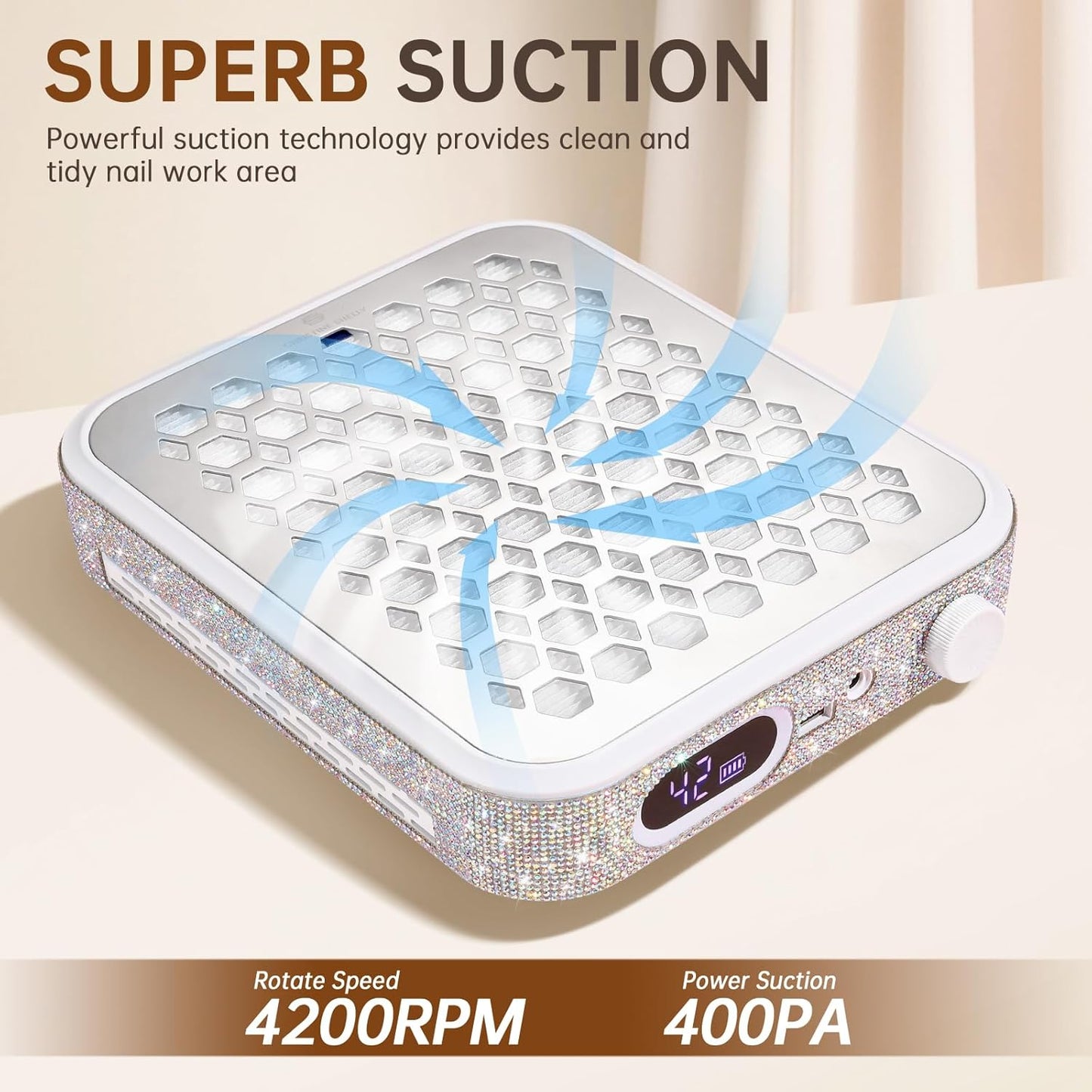 Nail Dust Collector, Rechargeable Dust Collector Nail Tech, Powerful Vacuum Fan Vent Dust Collector Extractor Dust Suction Machine for Acrylic Nails Polishing, Nail Salon&Home, White