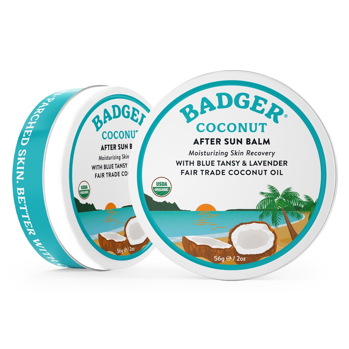 Badger Coconut AfterSun Balm, 100% Organic Soothing Sunburn Relief, Great Smelling, Moisturizing & Hydrating After Sun Skin Care, 2 oz Tin, 2-Pack