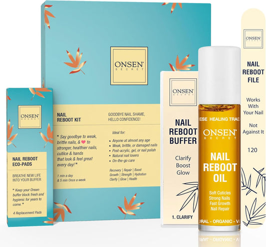Onsen Secret Nail Care Kit - Japanese Nail Buffer and Shine Kit - Spa-Quality Manicure - Organic Ingredients - Long-Lasting Shine - Easy & Safe - w/Cuticle Care Oil - 1pk