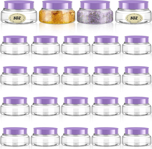 Tessco 24 Pack Plastic Jars with Lids Labels Empty Clear Plastic Jars Round Refillable Cosmetic Containers Body Butter Containers Bulk Sugar Scrub Bottle for Make Up(5 oz,Clear, Purple)