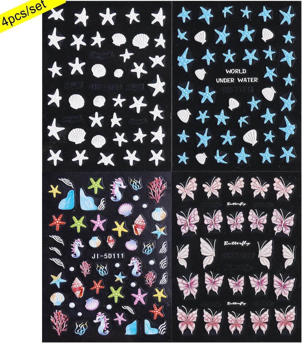 Summer Ocean Nail Stickers, Starfish & Sea Horse Nail Decals, 4 Sheets 5D Embossed Vacation Nail Art